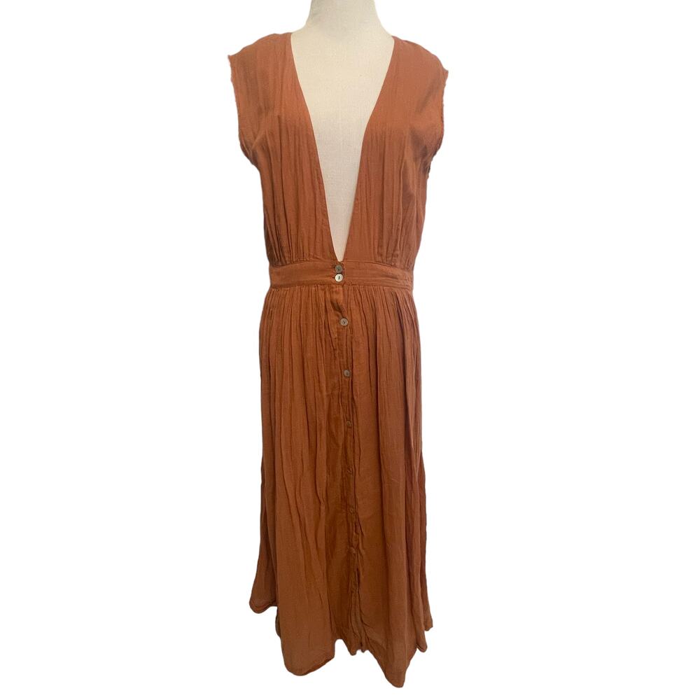 Free People Toffee Brown Gauze Midi Dress Womens Medium Boho Deep V Neck Button